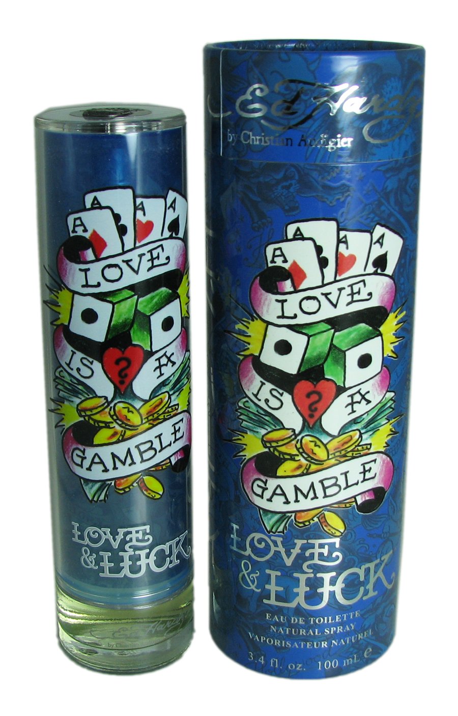Christian Audigier Ed Hardy bottle front view showing label and fragrance in lifestyle context