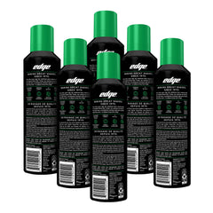 Edge side view of shaving gel can highlighting spray nozzle and ergonomic shape benefit