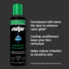Hand holding Edge can over wet face during shave showing easy application and control