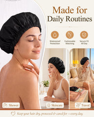 Edoneery cap on model with bun inside protecting hairstyle during shower