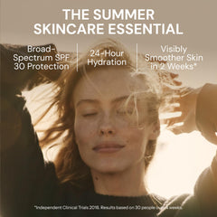 ELEMIS label close-up showing SPF 30 marking benefit: broad-spectrum sun protection clarity