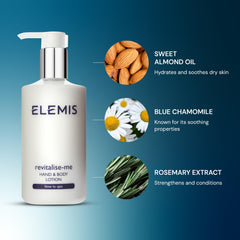 ELEMIS lotion being rubbed into hand to show moisturizing effect and instant softening benefit