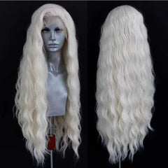 ELESTY front view white blonde wig showing natural hairline and full waves benefit realism