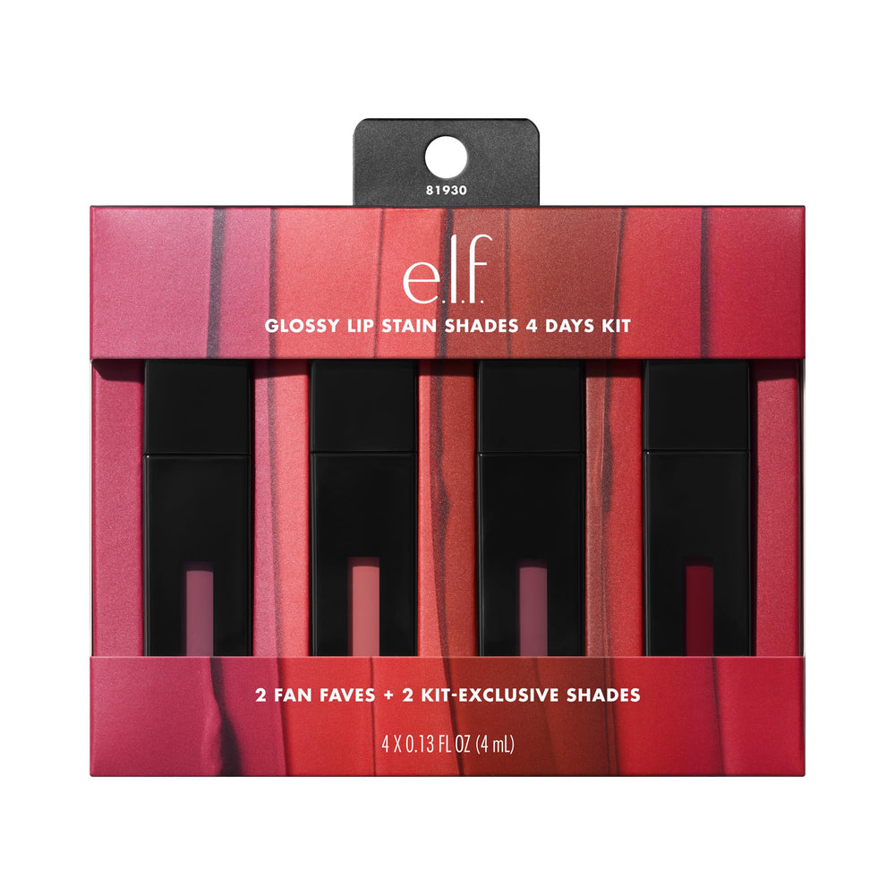 e.l.f. kit front view showing four glossy lip stains and compact box, easy color variety