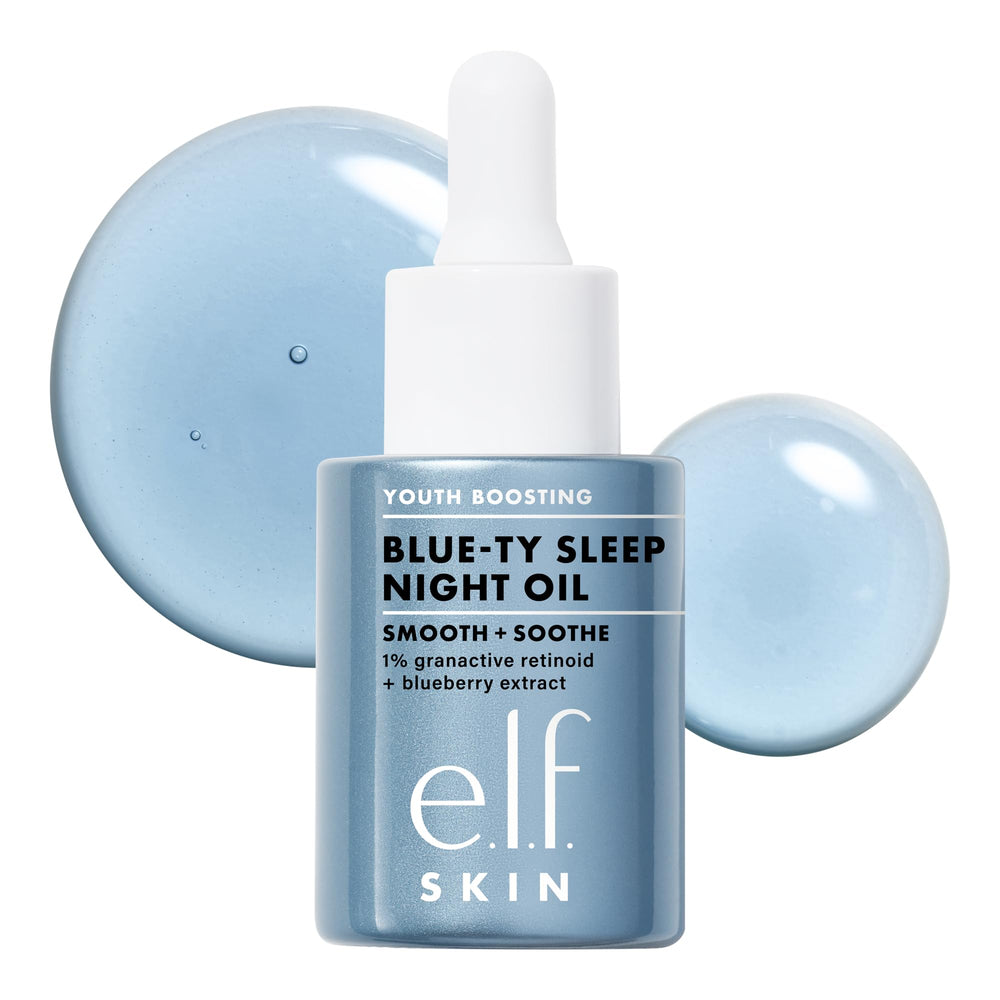 e.l.f. SKIN front bottle showing blue night oil, clear brand hydration benefit