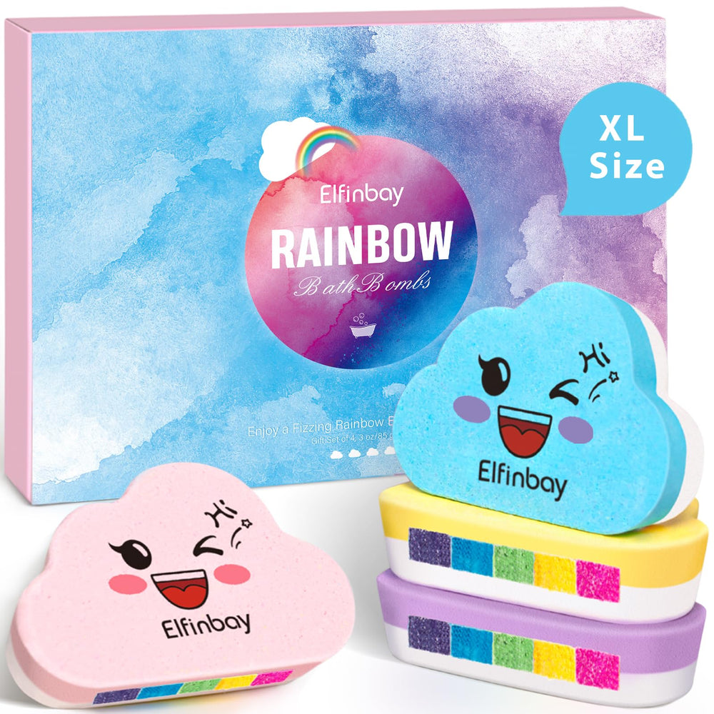 Elfinbay front packaging showing four bath bombs, gift-ready and colorful