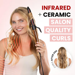 ELLA BELLA ceramic barrel close-up highlighting smooth surface for even heat distribution