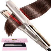 ELLA BELLA flat iron front view showing slim large plates and sleek body for faster styling