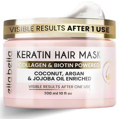 ELLA BELLA front packaging showing keratin mask benefits and luxury gift box