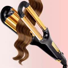 ELLA BELLA open waver front view showing three barrels and ergonomic handle for easy styling