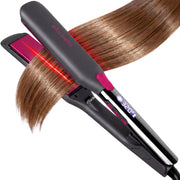 ELLA BELLA flat iron front view showing large plates and ergonomic handle for efficient styling