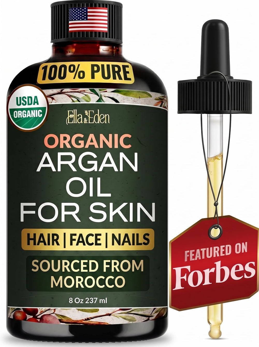 Ella & Eden front bottle view showing organic argan oil and label benefits