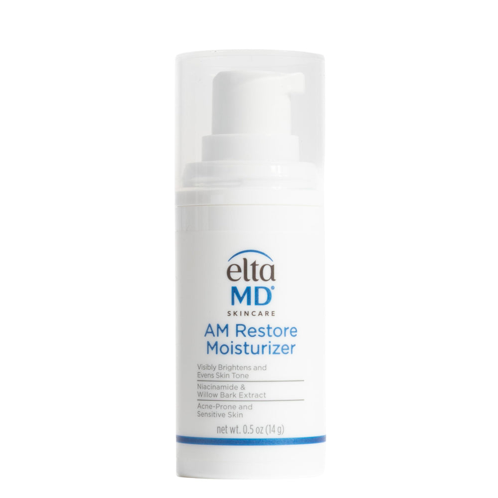 EltaMD AM Restore front pump bottle showing compact travel-friendly packaging and easy dispensing