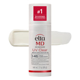 EltaMD UV Clear front pump bottle showing tidy label and travel size benefit