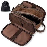 Elviros front view of chocolate toiletry bag, stylish protection