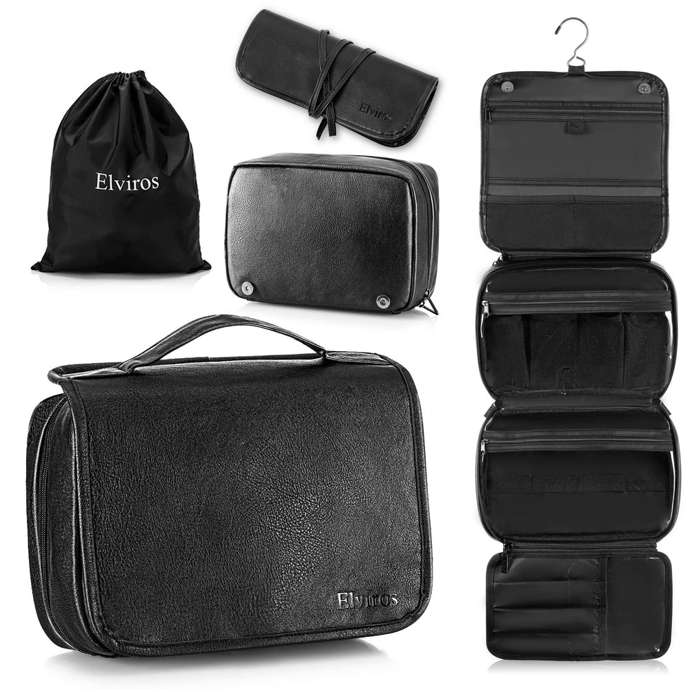 Elviros front view of black hanging toiletry bag showing sleek exterior and compact benefit