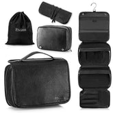 Elviros front view of black hanging toiletry bag showing sleek exterior and compact benefit