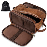 Elviros dark brown front view showing neat packed toiletries and quick-access benefit
