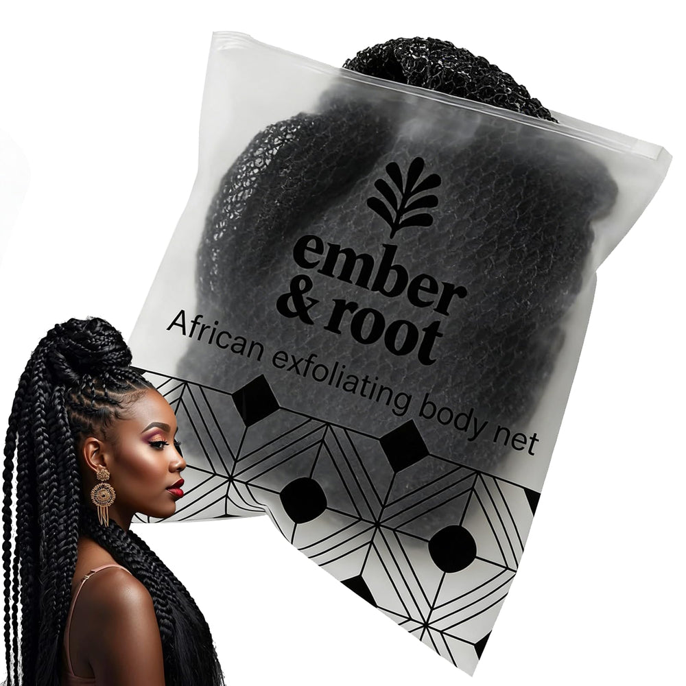 ember and root front view of black exfoliating net showing shape and length benefit
