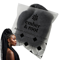 ember and root front packaging showing grey exfoliating net, clear product view and benefit
