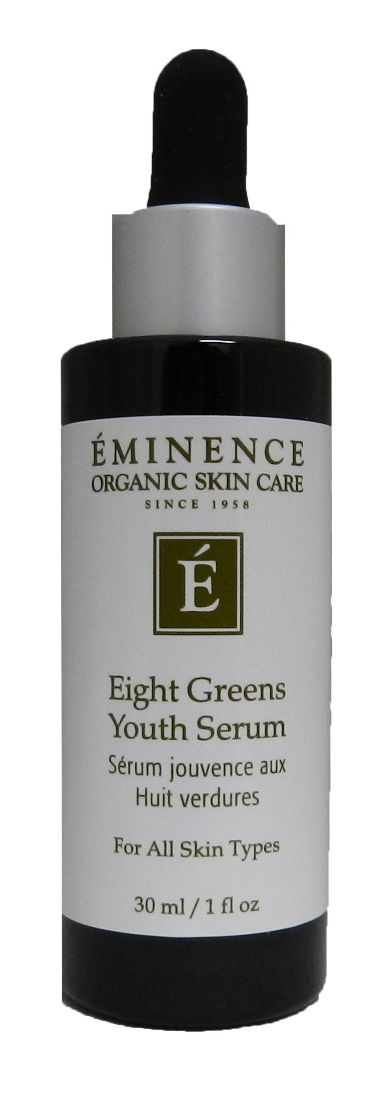 Eminence eight greens youth serum front packaging showing bottle and label, promotes fresh skin