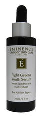 Eminence eight greens youth serum front packaging showing bottle and label, promotes fresh skin