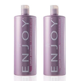 Enjoy front bottles showing luxury shampoo and conditioner, clear benefit of large supply