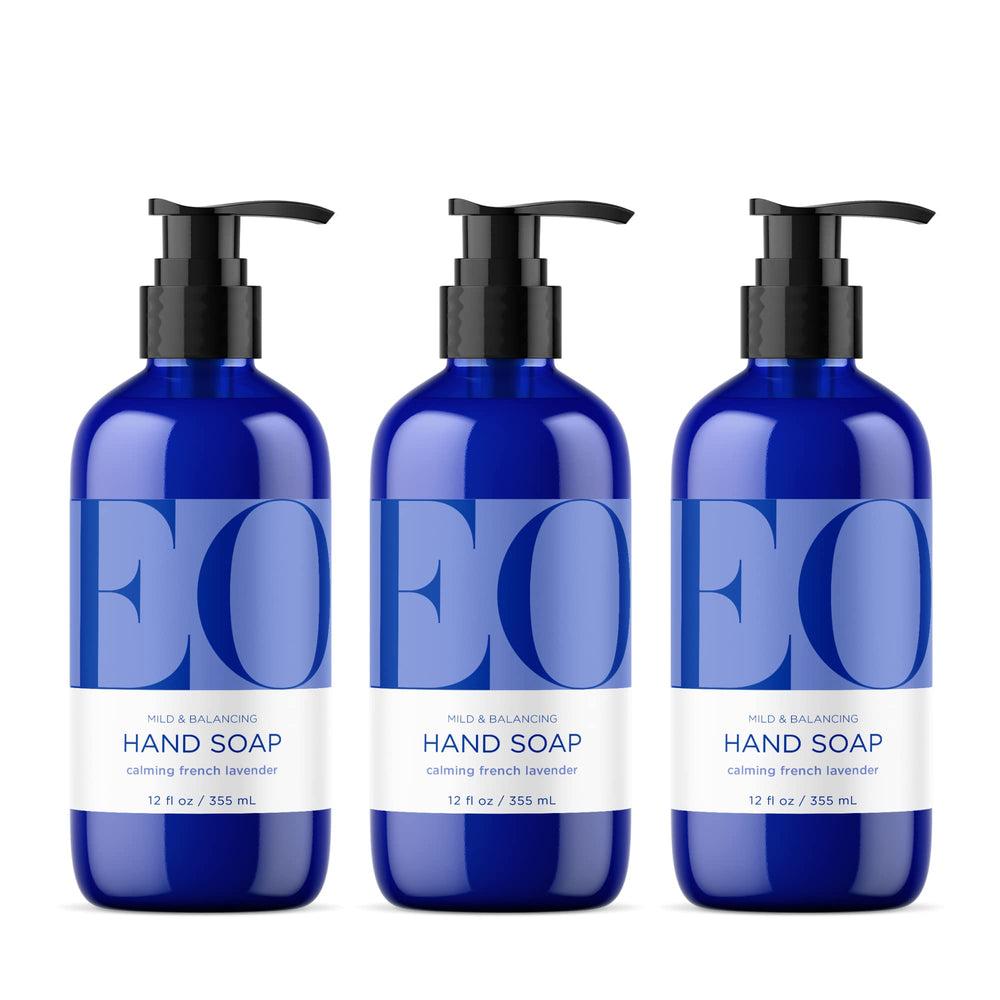 EO bottle front packaging showing three 12 oz recycled bottles and calming lavender scent benefit
