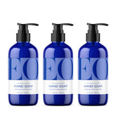 EO bottle front packaging showing three 12 oz recycled bottles and calming lavender scent benefit