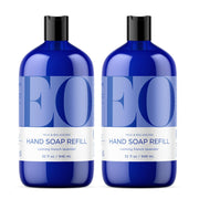 EO front packaging showing two 32 oz refill bottles and calming lavender scent benefit