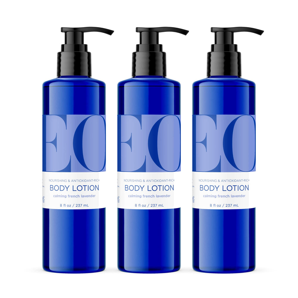 EO front packaging showing three bottles and calm lavender scent benefits