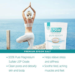 Woman using Epsoak foot soak in foot tub showing relaxing at-home recovery benefit