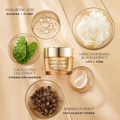 Estée Lauder applying cream to face and neck, illustrates easy layering benefit