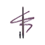 Estée Lauder pencil front angled showing packaging and deep plum shade benefit of clear color