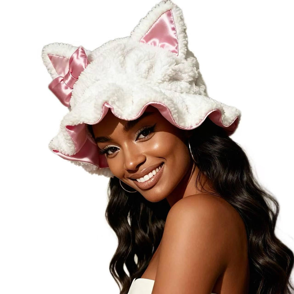 Etcial front view bonnet showing cute cat ears and cozy fit benefits protection