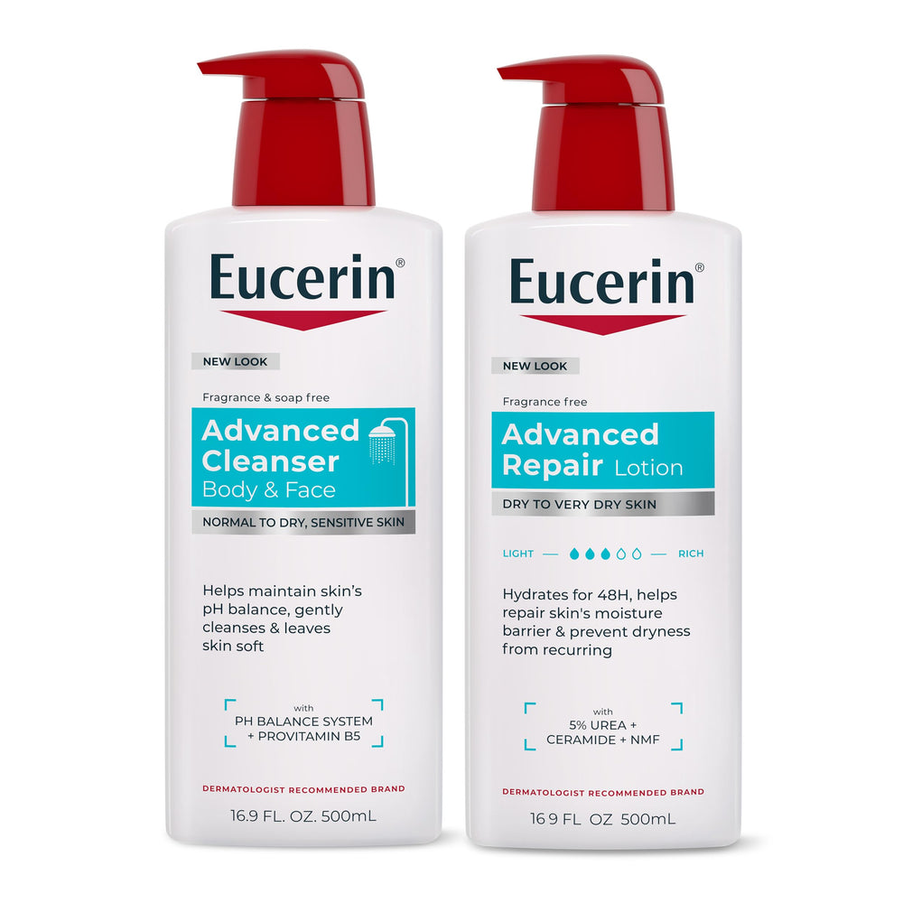 Eucerin bundle front packaging showing both bottles and clear benefits