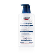Eucerin bottle front view showing 400 ml packaging and clear branding benefit hydration