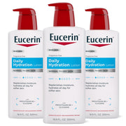 Eucerin front packaging showing three pump bottles and brand clarity