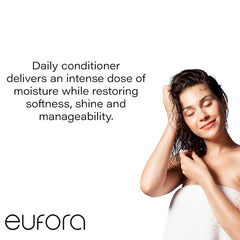 Eufora conditioner being poured to illustrate smooth detangling benefit
