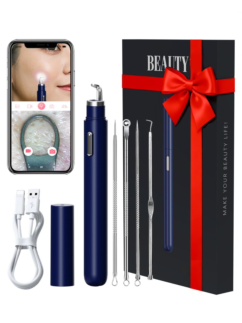EURART front view of visual blackhead remover showing pen and included tools for clear pore care
