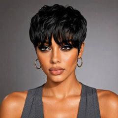 Evasens side profile with layered bangs showing movement benefit: flattering silhouette