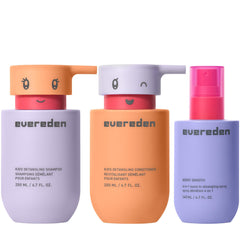 Evereden front packaging showing the kids hair care trio and benefits