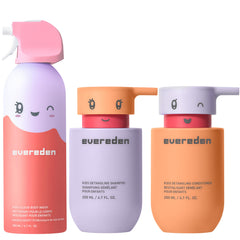 Evereden front packaging of the shampoo conditioner and body wash set shows gentle formula benefits
