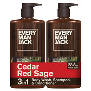 Every Man Jack front packaging showing cedar red sage scent and two large bottles for lasting use