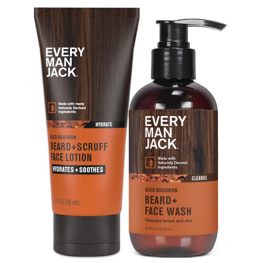 Every Man Jack front packaging showing both bottles and warm bourbon scent benefit