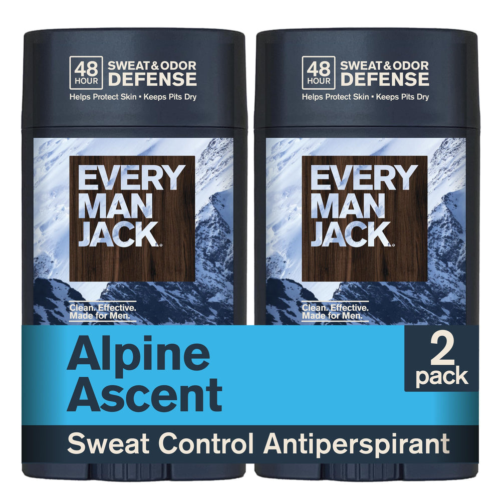Every Man Jack front packaging showing Alpine Ascent two-pack and clear brand benefit