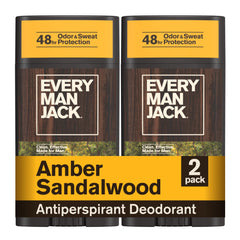 Every Man Jack front packaging showing two amber sandalwood sticks and branding benefit long-lasting protection