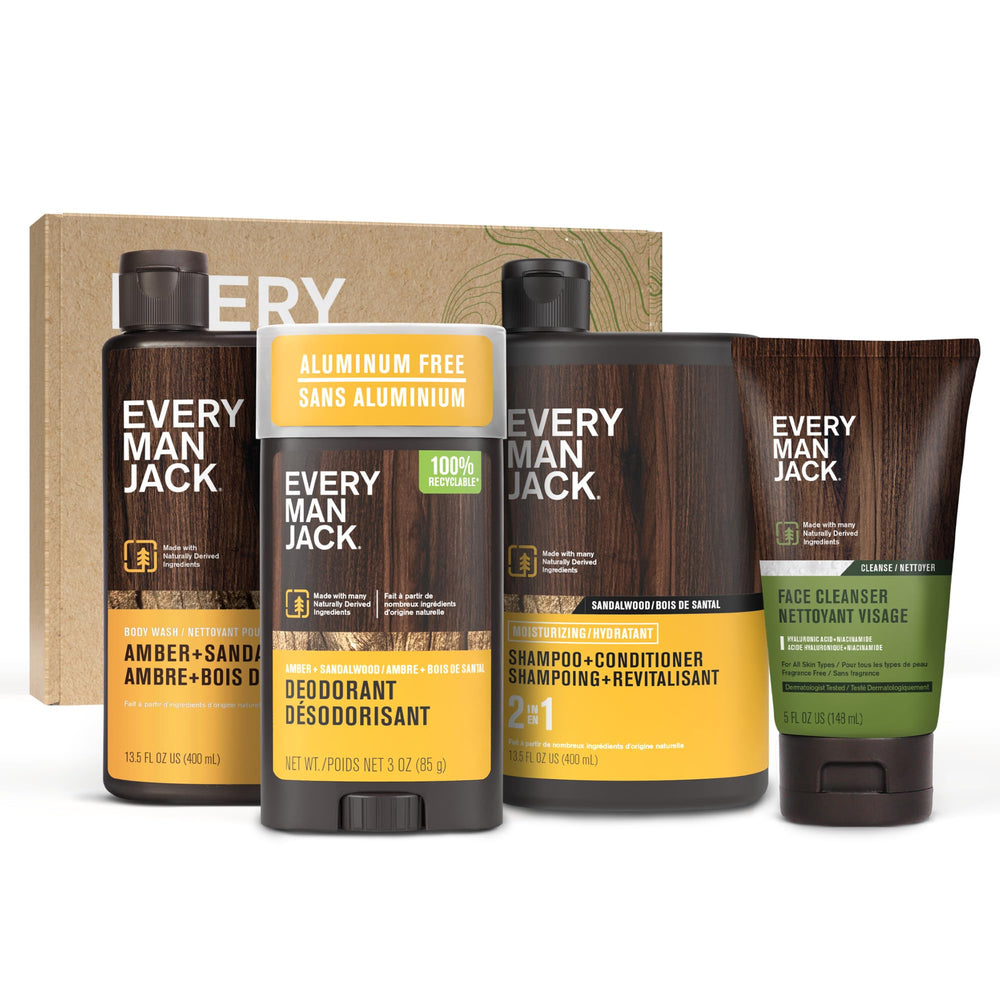 Every Man Jack front packaging showing amber sandalwood scent and complete kit benefit