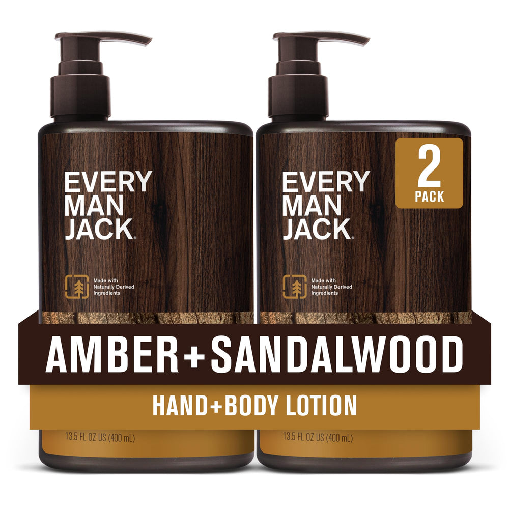 Every Man Jack front packaging highlighting amber sandalwood scent benefit