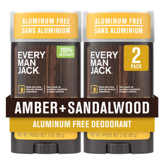 Every Man Jack front packaging showing amber sandalwood scent and recyclable design